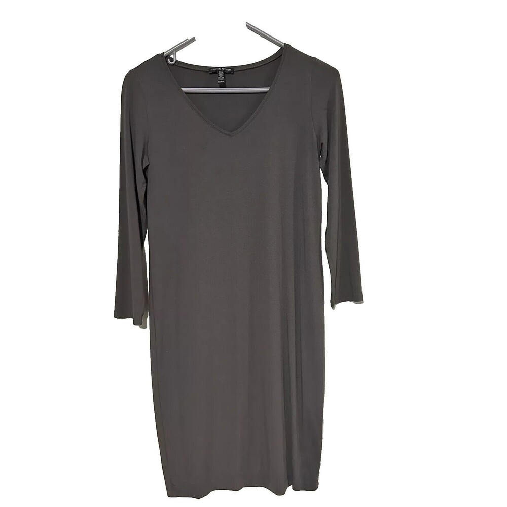 EILEEN FISHER Dress XXS/TTP Tencel Stretch Jersey Shift V-Neck 3/4 Sleeve Gray